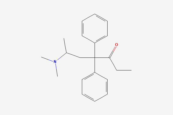 Tvívíð byggingarformúla: Metadón. 6-(dimethylamino)-4,4-diphenylheptan-3-one